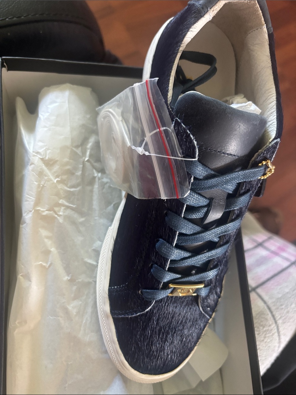 True Religion Navy Leather & Haircalf Sneaker with Gold Accent
